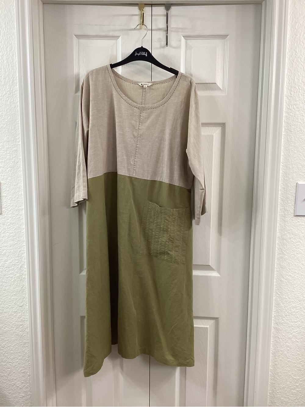Beige and Olive Two-Tone Midi Dress with Front Pocket